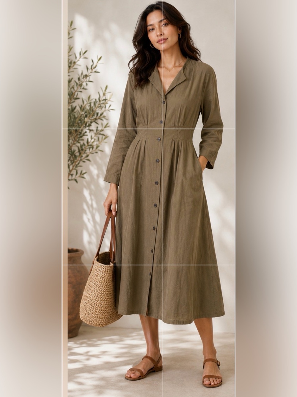 MOUSSY Button-Front Midi Khaki Shirt Dress L/S Size 2 TUCK WAIST Lagenlook
